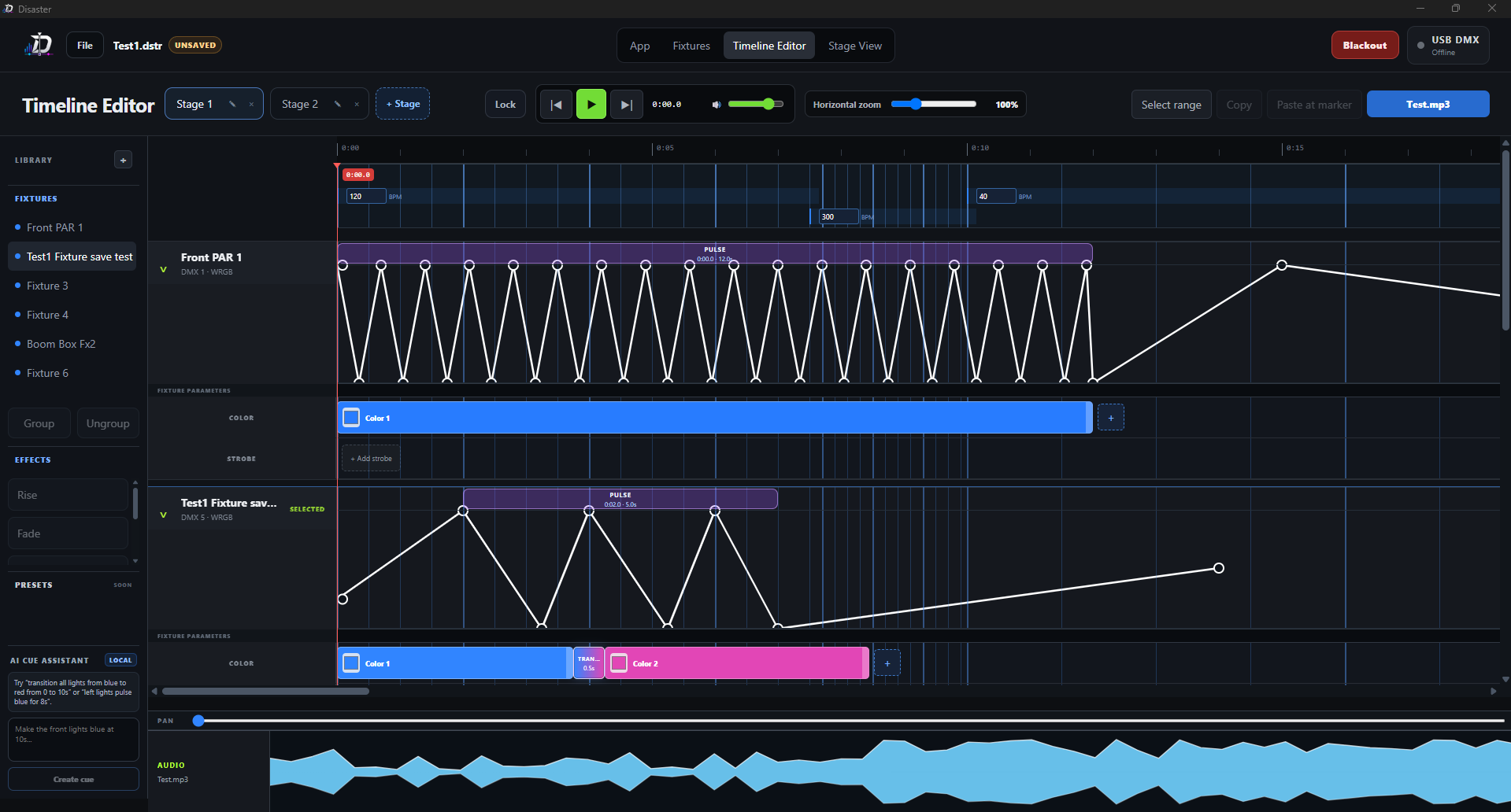 Disaster timeline editor showing intensity curves, color blocks, strobe lanes, beatgrid markers, and audio waveform.